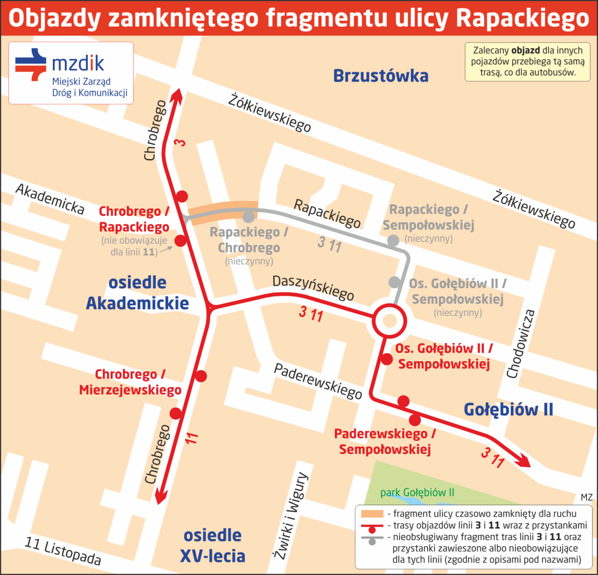 Zamkną odcinek ul. Rapackiego. W poniedziałek „trójka” i jedenastka” pojadą ul. Daszyńskiego