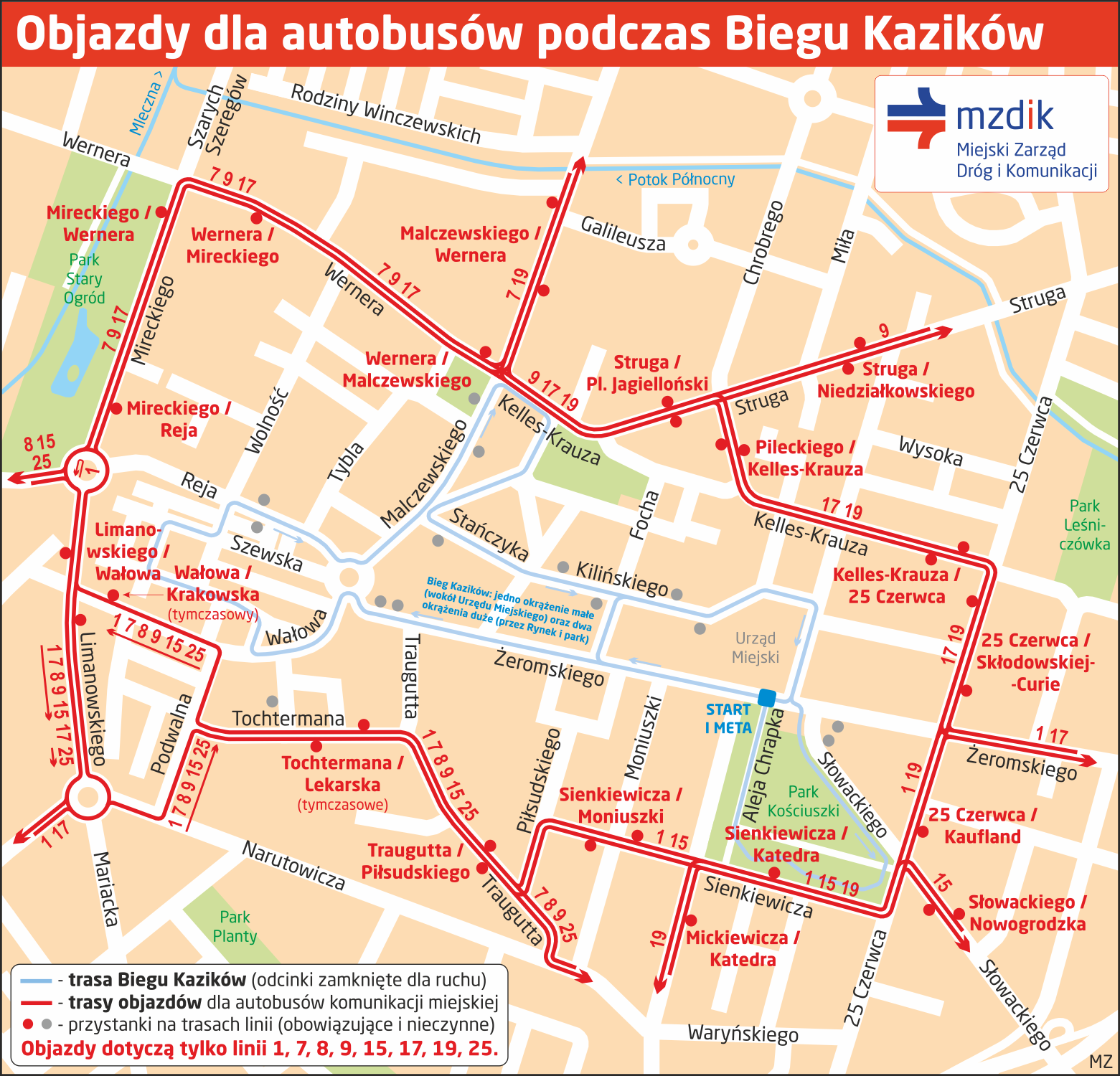 Bieg Kazików. Nastąpią zmiany w ruchu kołowym oraz objazdy dla ośmiu linii autobusowych