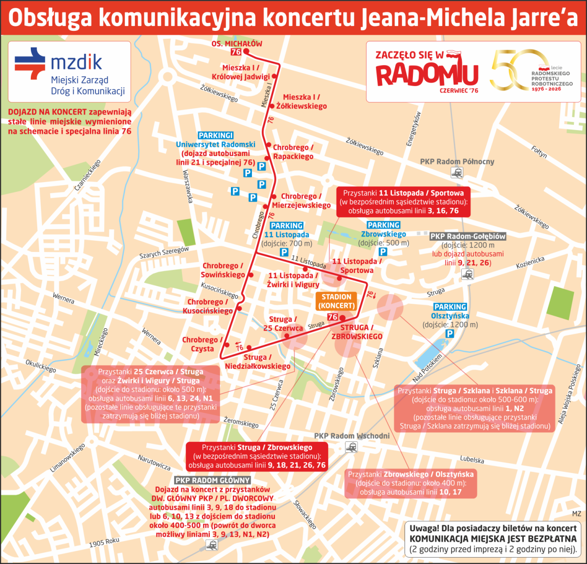 Koncert Jean-Meichela Jarr’a na stadionie przy ul. Struga. Dodatkowe parkingi, kursy autobusów, w tym linii 76