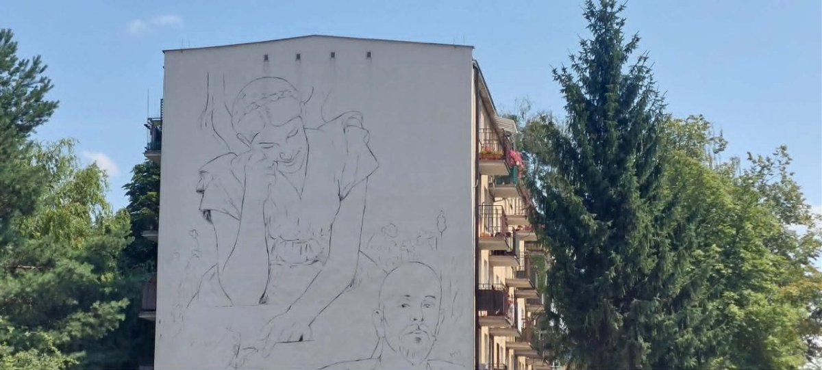 Kolejny mural z dziełem Jacka Malczewskiego w Radomiu. „Autoportret z aniołem na tle łąki” powstaje przy ul. Kusocińskiego