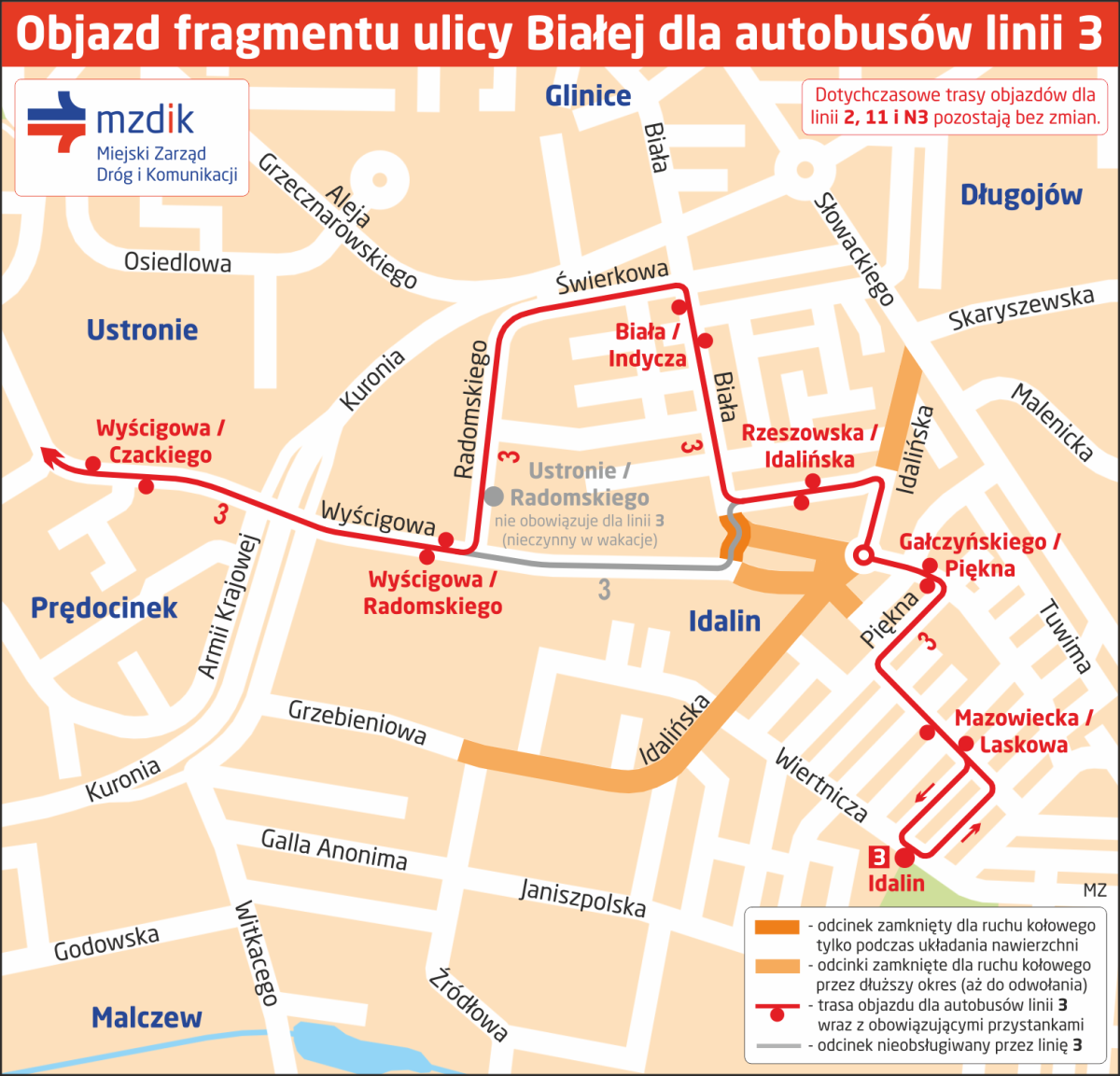 Będą układać nawierzchnię na ul. Białej. Dodatkowym objazdem na Idalinie pojedzie „trójka”