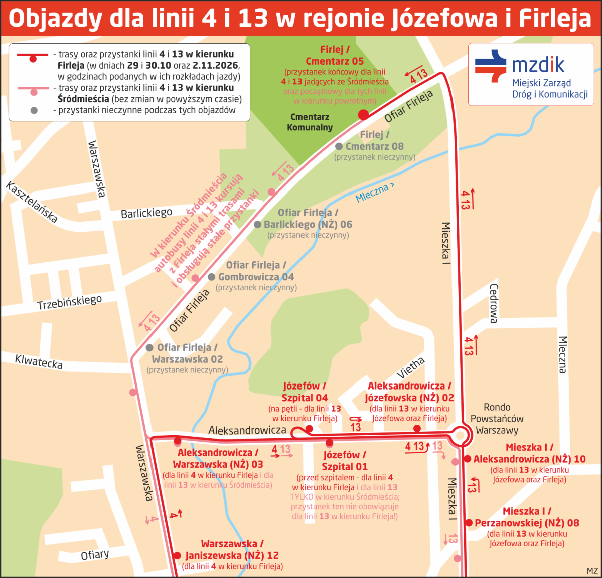Większy ruch przy cmentarzach. „Czwórka” w kierunku Firleja pojedzie objazdem